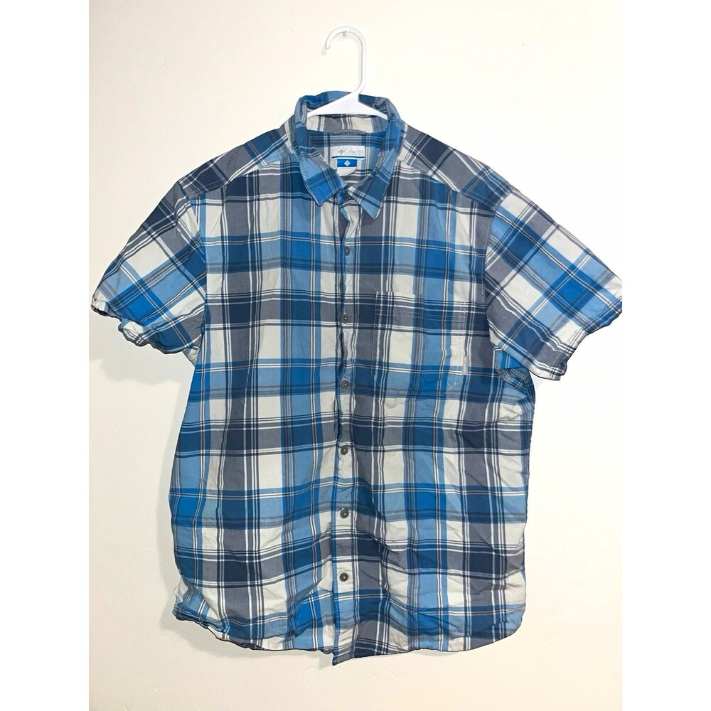 Columbia Men's Short Sleeve Plaid Button Up Shirt L Blue Gray White Cotton